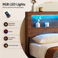 Ayla Bed Frame Metal with Charging Station LED Light Storage Shelf - Oak Double