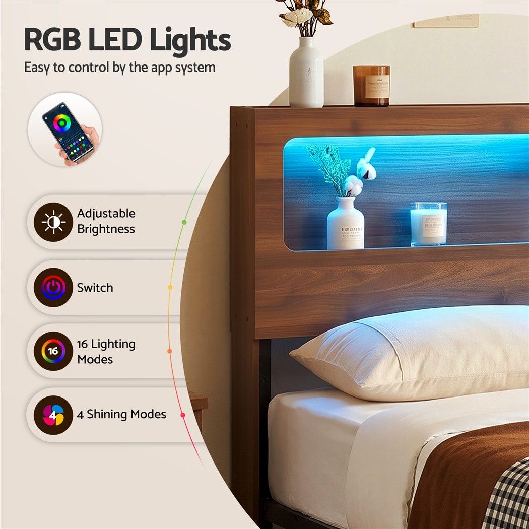 Ayla Bed Frame Metal with Charging Station LED Light Storage Shelf - Oak Double