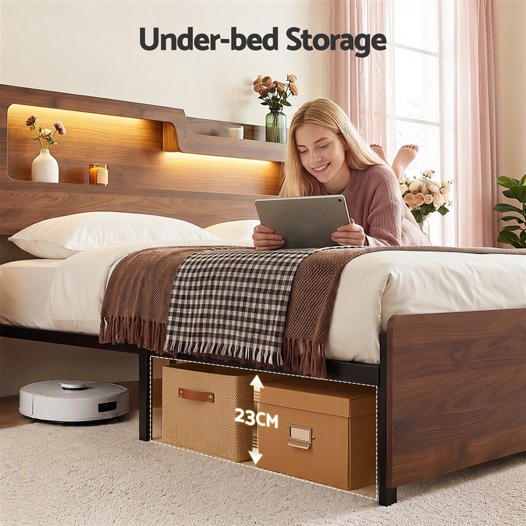 Ayla Bed Frame Metal with Charging Station LED Light Storage Shelf - Oak Double