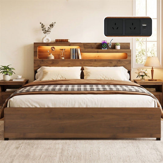 Ayla Bed Frame Metal with Charging Station LED Light Storage Shelf - Oak King