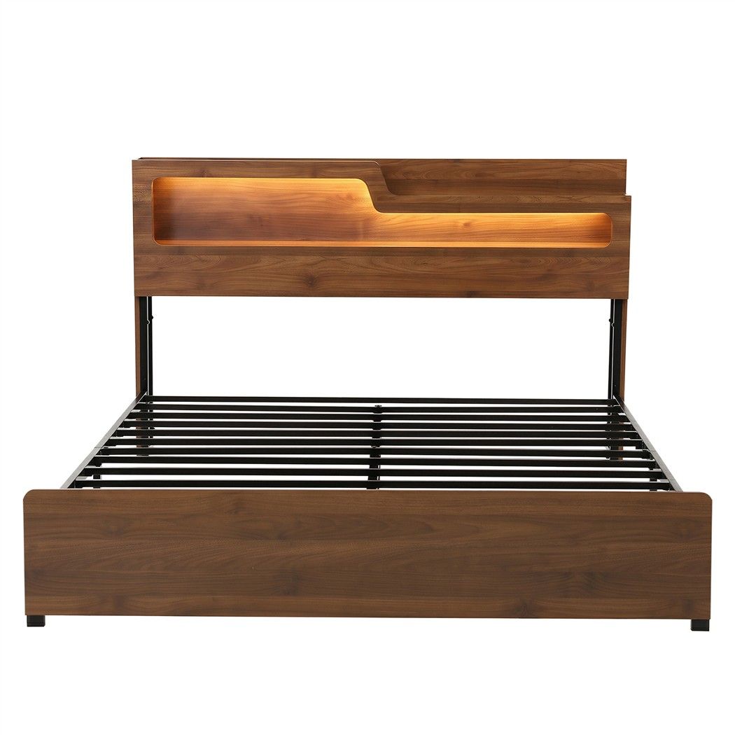 Ayla Bed Frame Metal with Charging Station LED Light Storage Shelf - Oak King