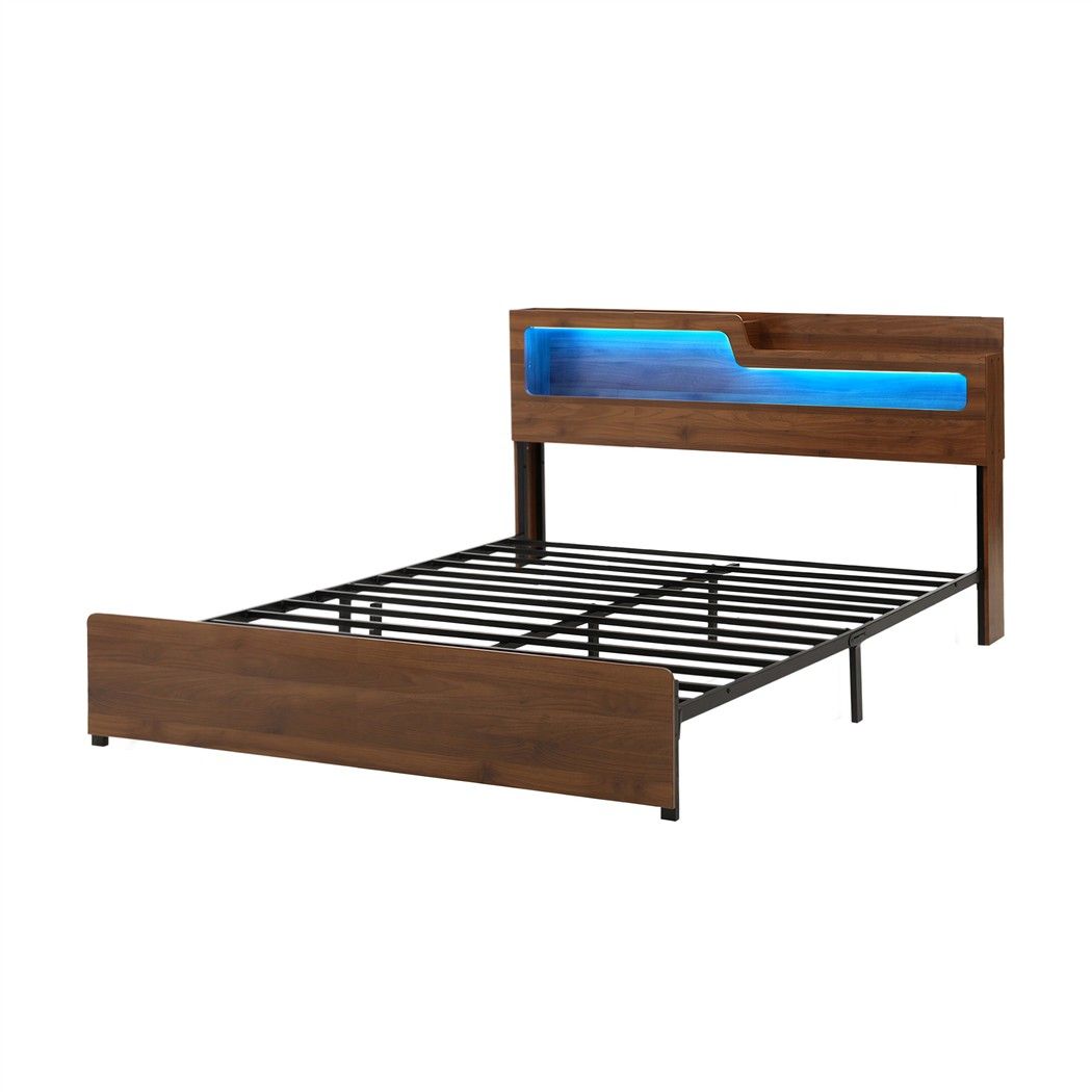Ayla Bed Frame Metal with Charging Station LED Light Storage Shelf - Oak King
