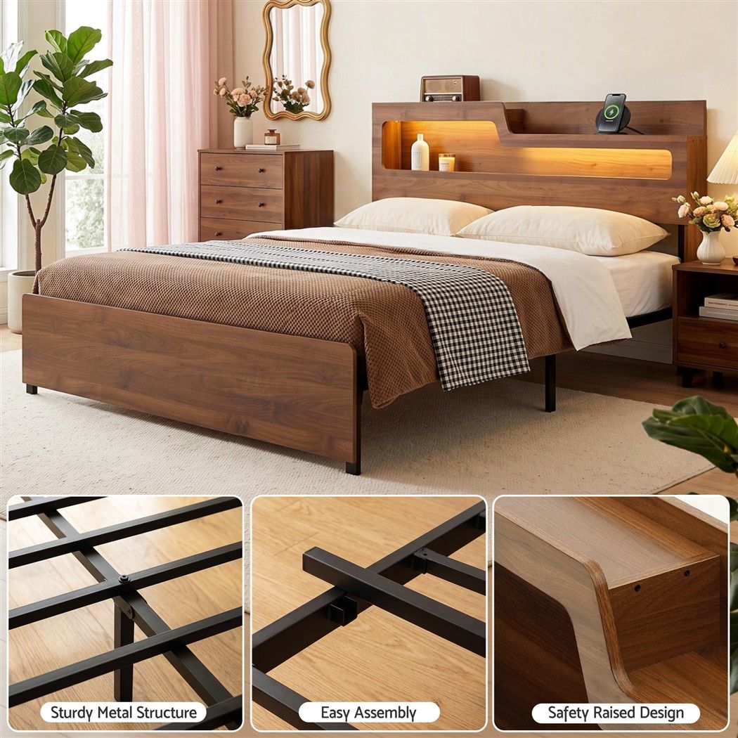 Ayla Bed Frame Metal with Charging Station LED Light Storage Shelf - Oak King