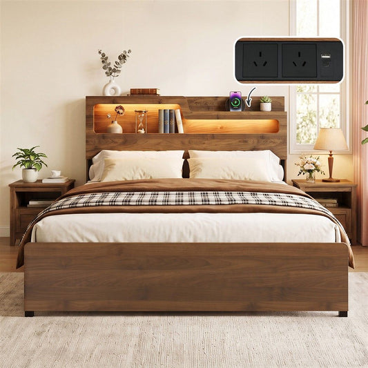 Ayla Bed Frame Metal with Charging Station LED Light Storage Shelf - Oak Queen
