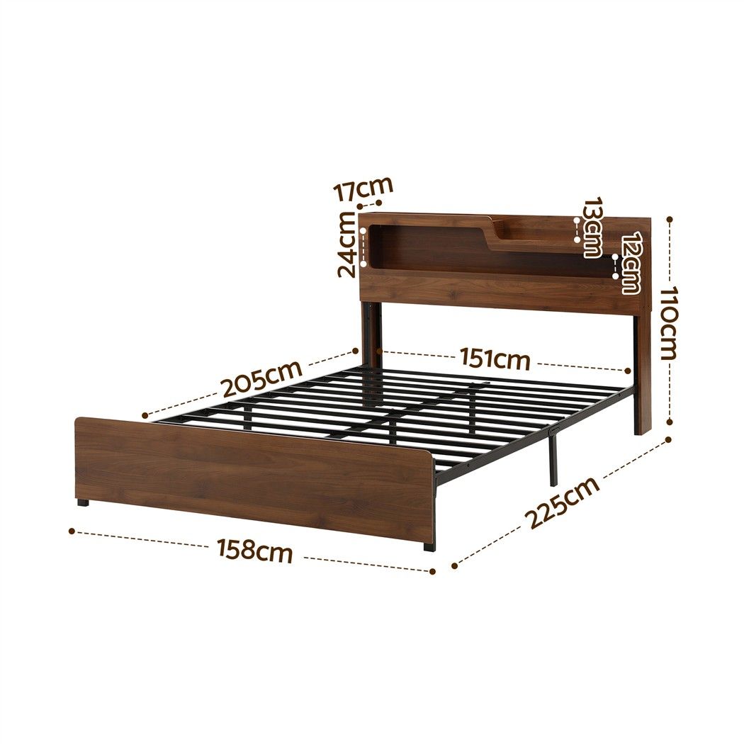 Ayla Bed Frame Metal with Charging Station LED Light Storage Shelf - Oak Queen
