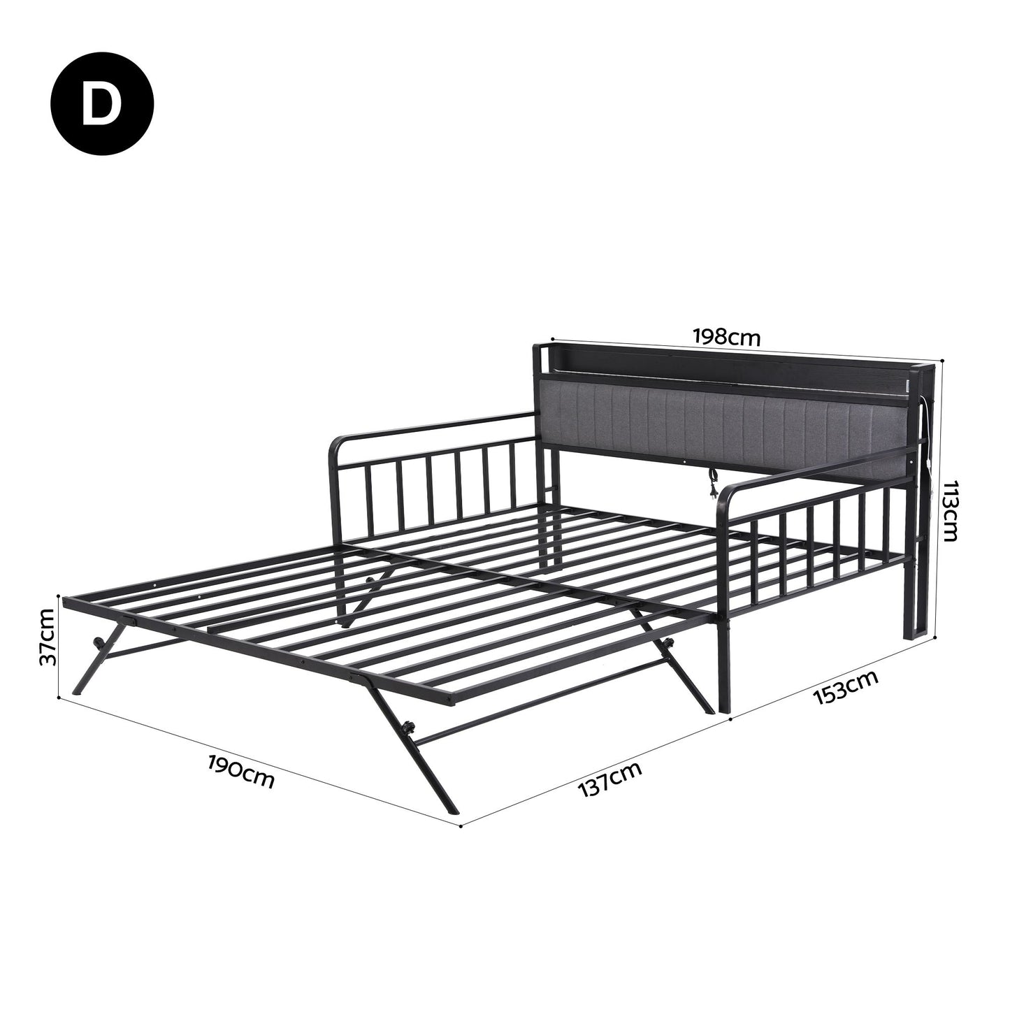 Dormelle Bed Frame LED Metal Trundle Daybed with Charging Station - Black Double