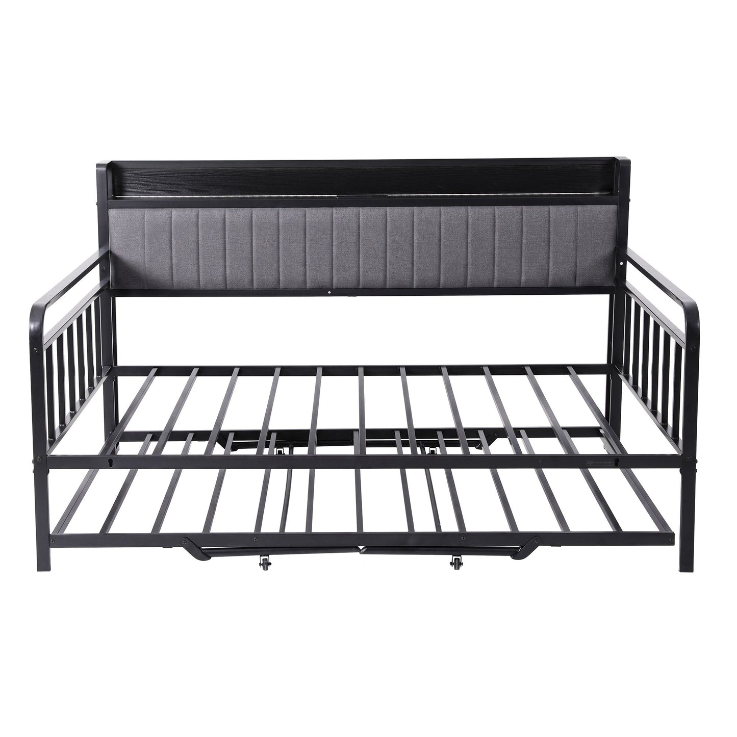 Dormelle Bed Frame LED Metal Trundle Daybed with Charging Station - Black Double