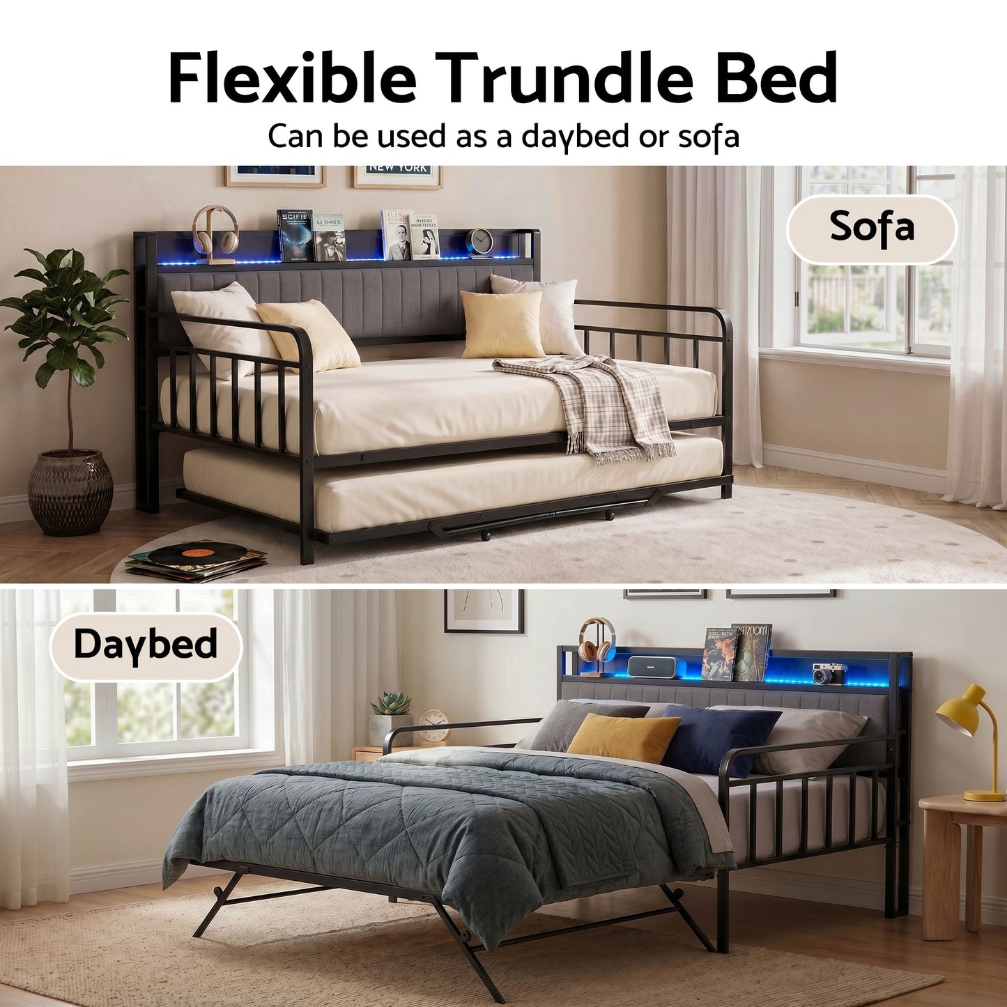 Dormelle Bed Frame LED Metal Trundle Daybed with Charging Station - Black Double