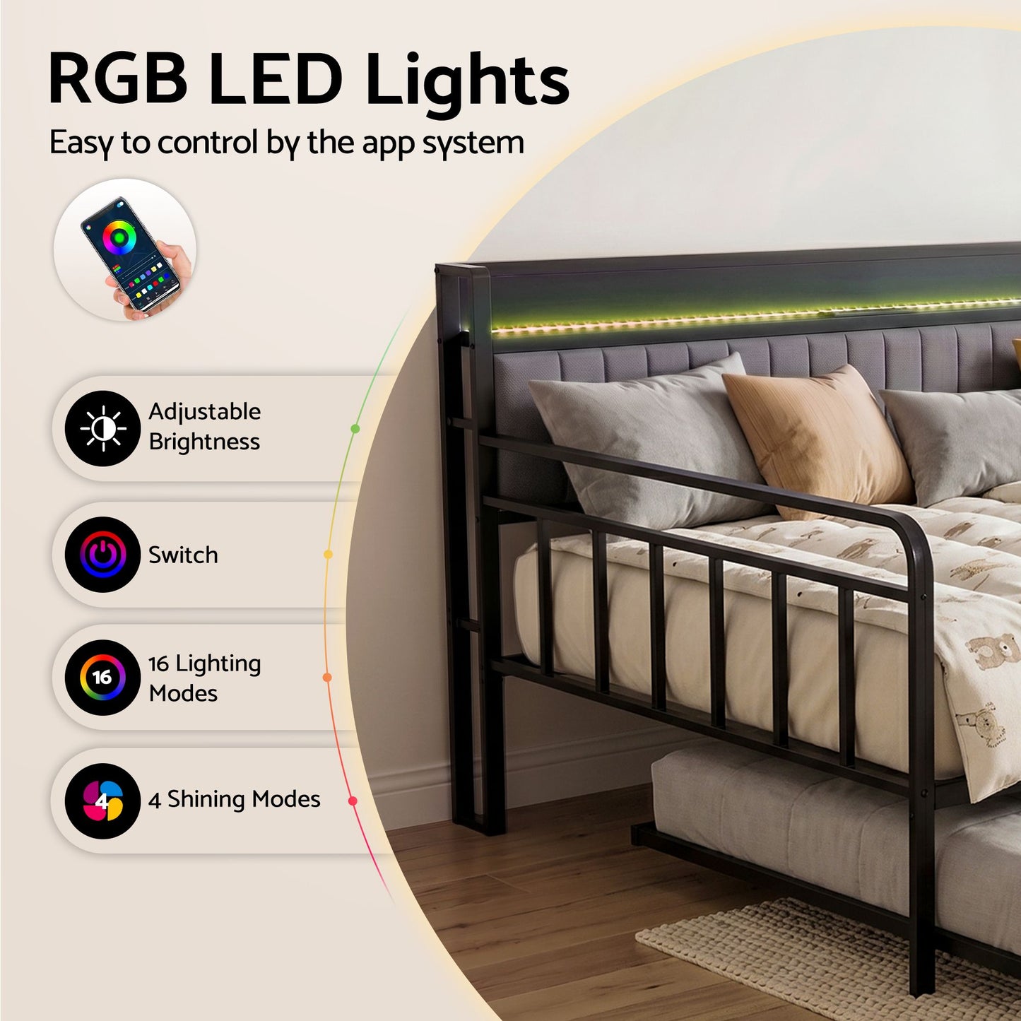 Dormelle Bed Frame LED Metal Trundle Daybed with Charging Station - Black Double