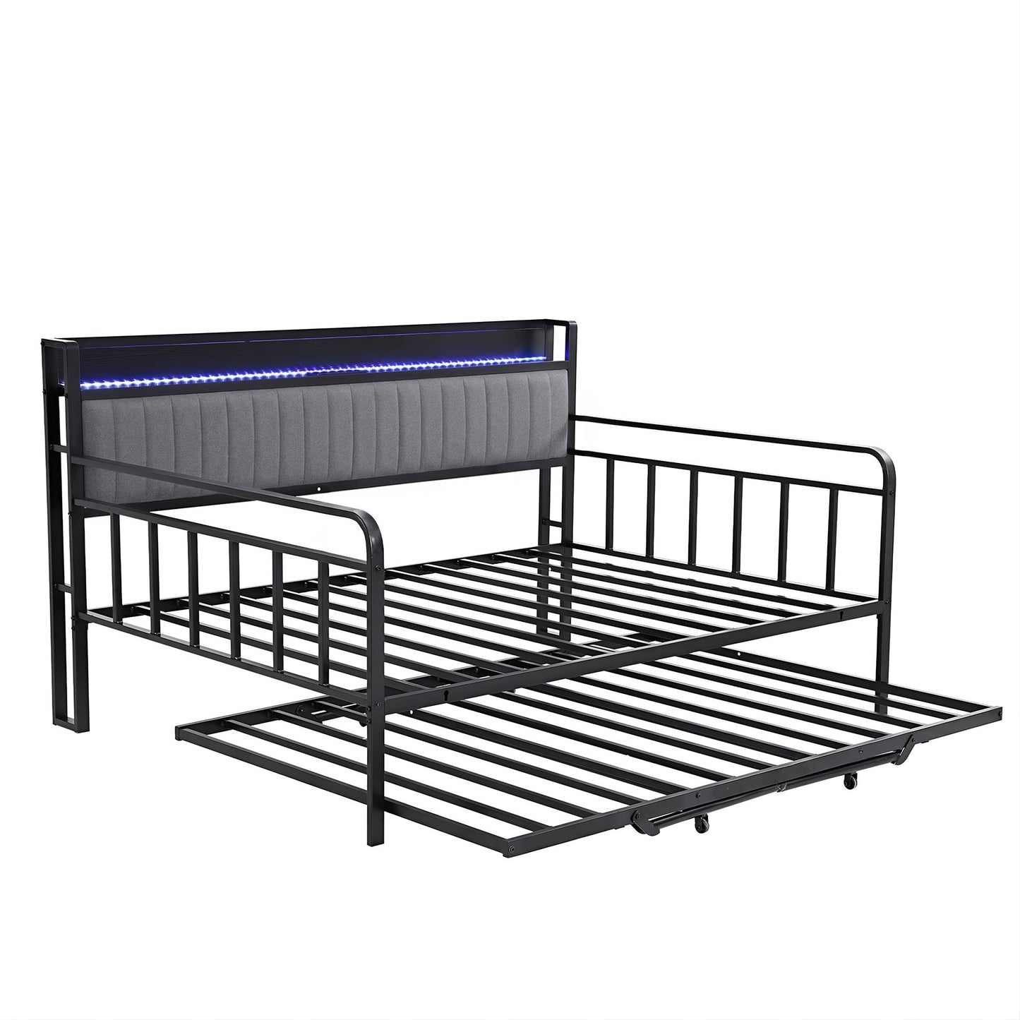 Dormelle Bed Frame LED Metal Trundle Daybed with Charging Station - Black King Single