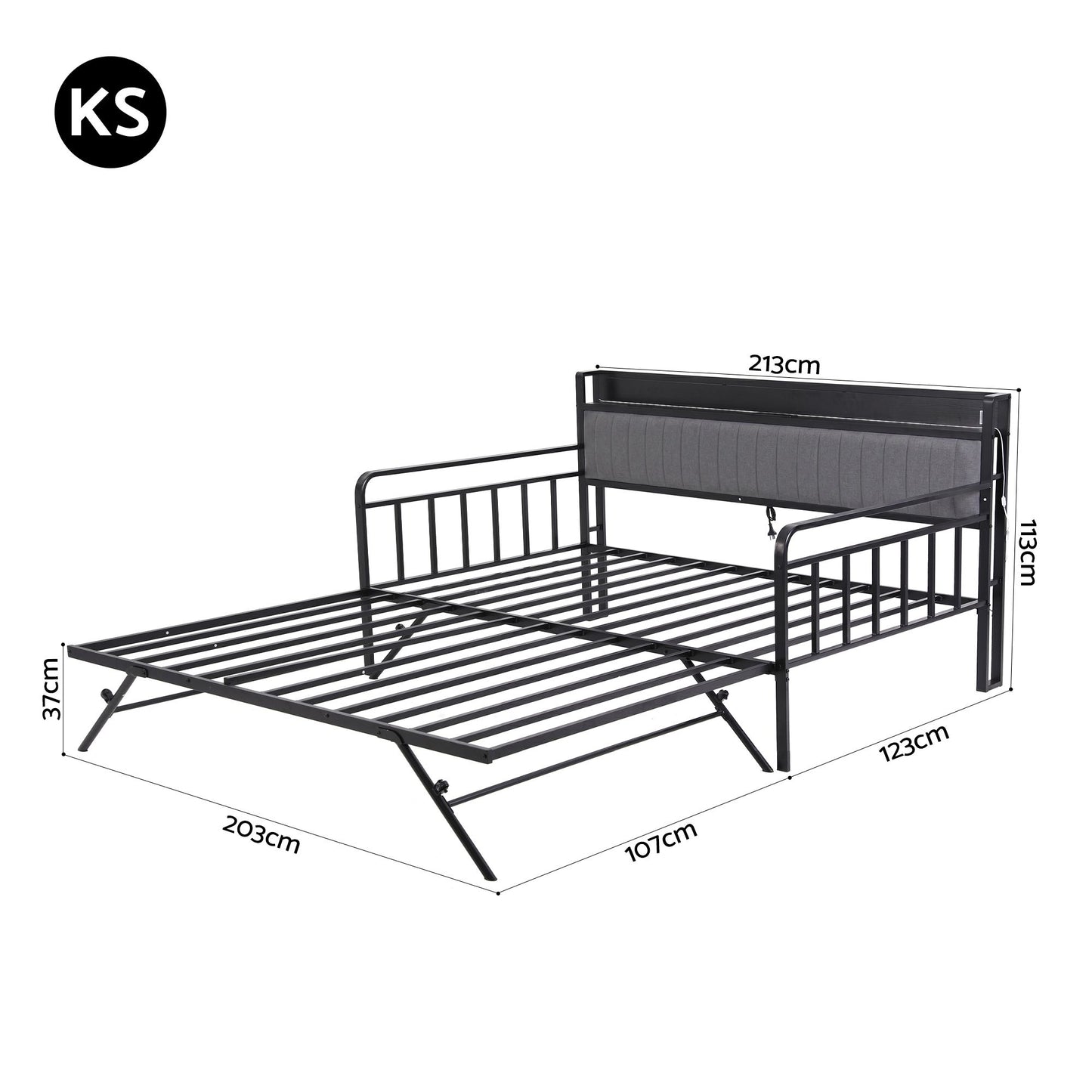 Dormelle Bed Frame LED Metal Trundle Daybed with Charging Station - Black King Single