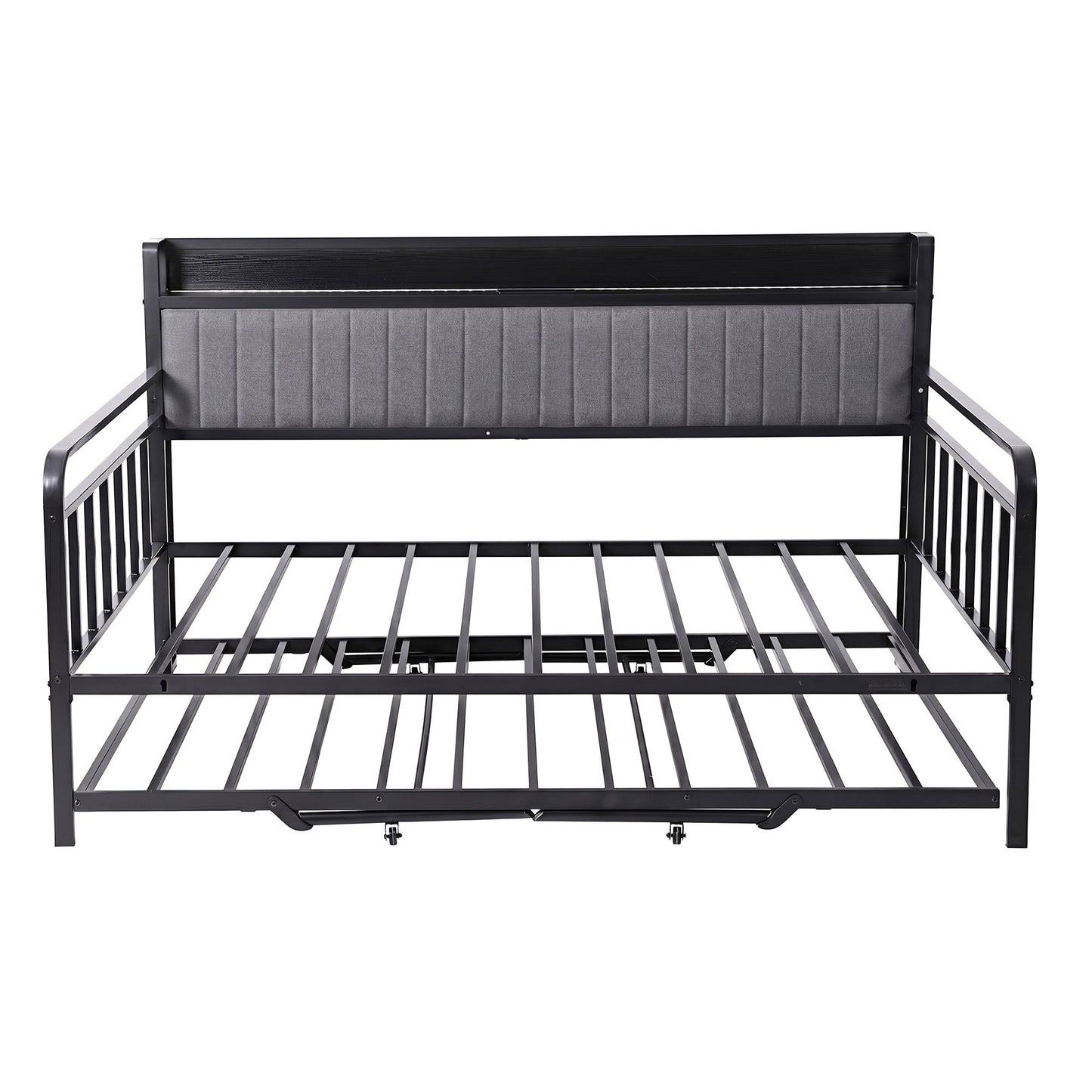 Dormelle Bed Frame LED Metal Trundle Daybed with Charging Station - Black King Single