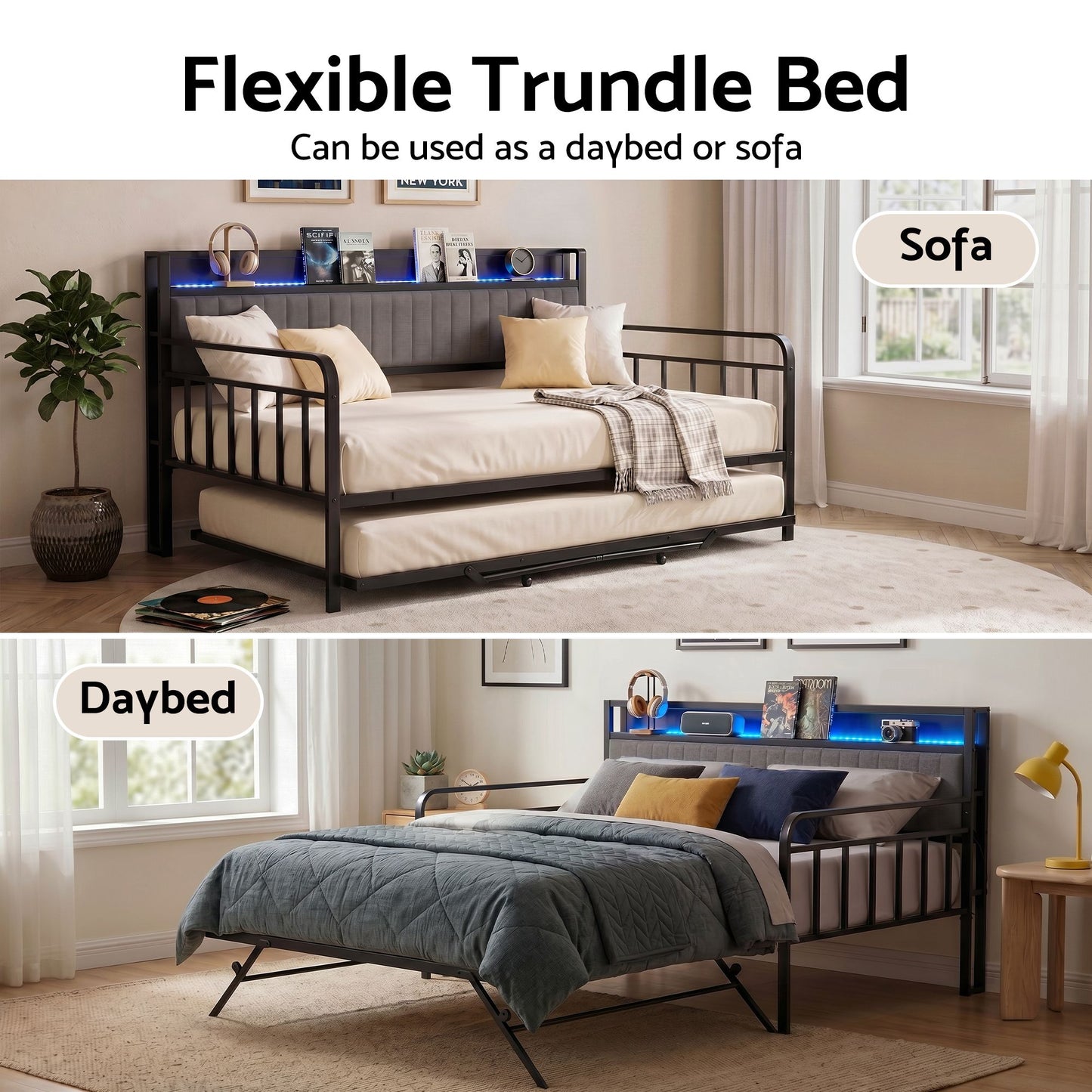 Dormelle Bed Frame LED Metal Trundle Daybed with Charging Station - Black King Single