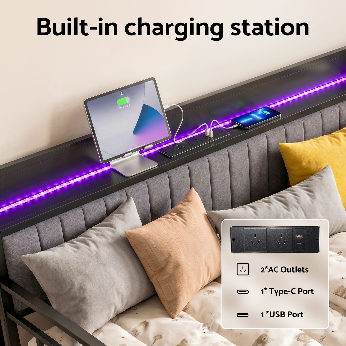 Dormelle Bed Frame LED Metal Trundle Daybed with Charging Station - Black King Single