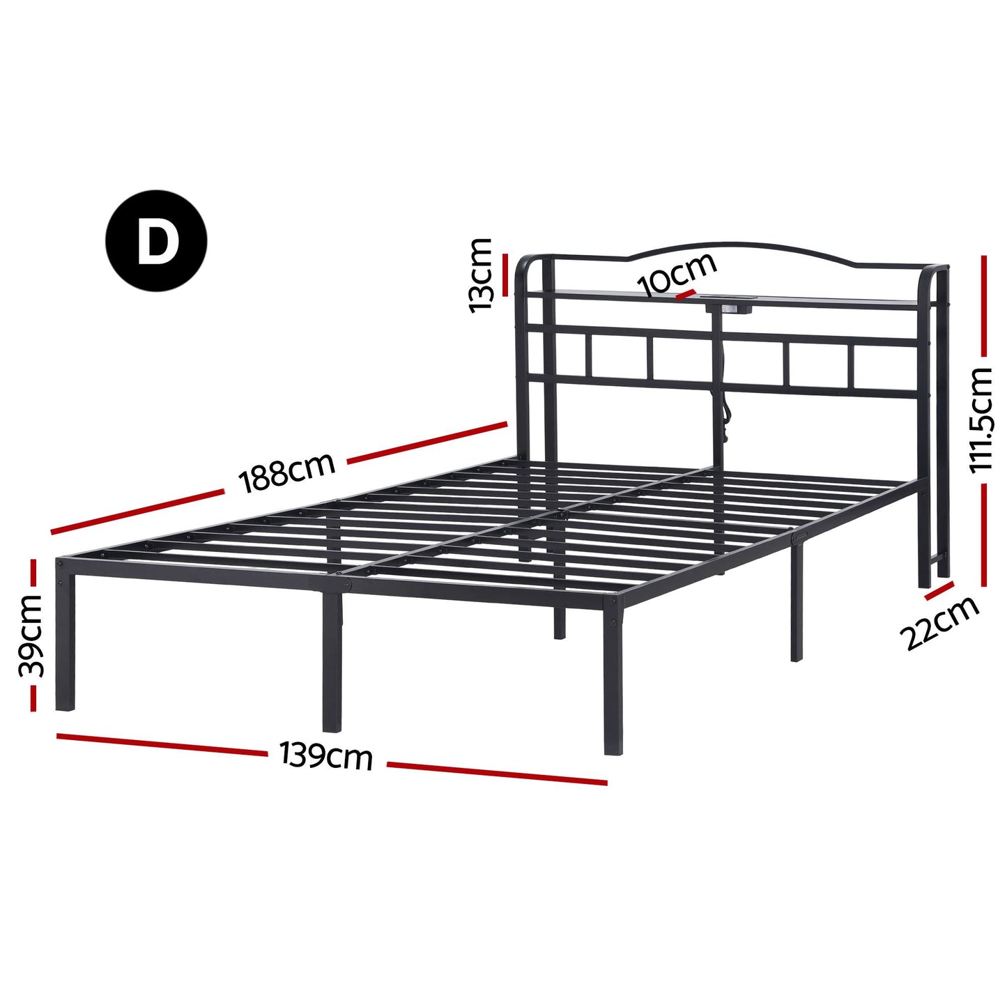Trista Bed Frame with Charging Station - Black Double