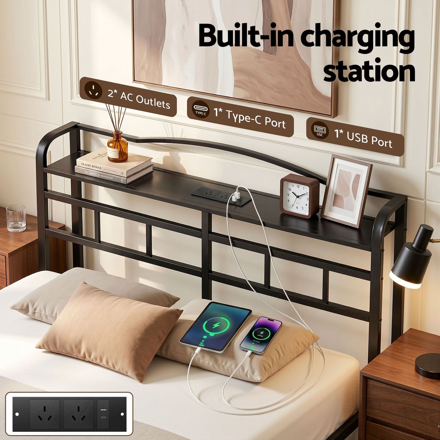 Trista Bed Frame with Charging Station - Black Double