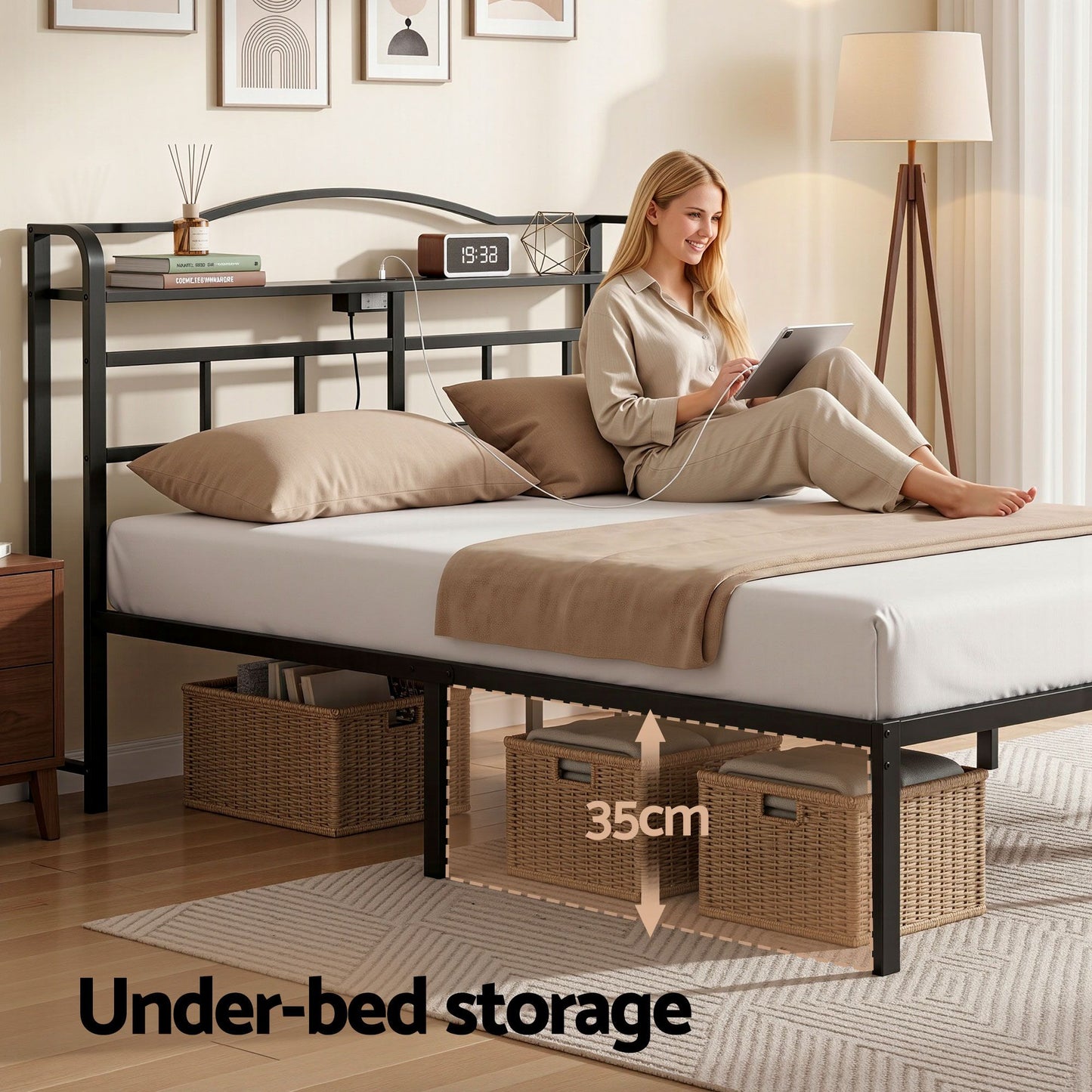 Trista Bed Frame with Charging Station - Black Double