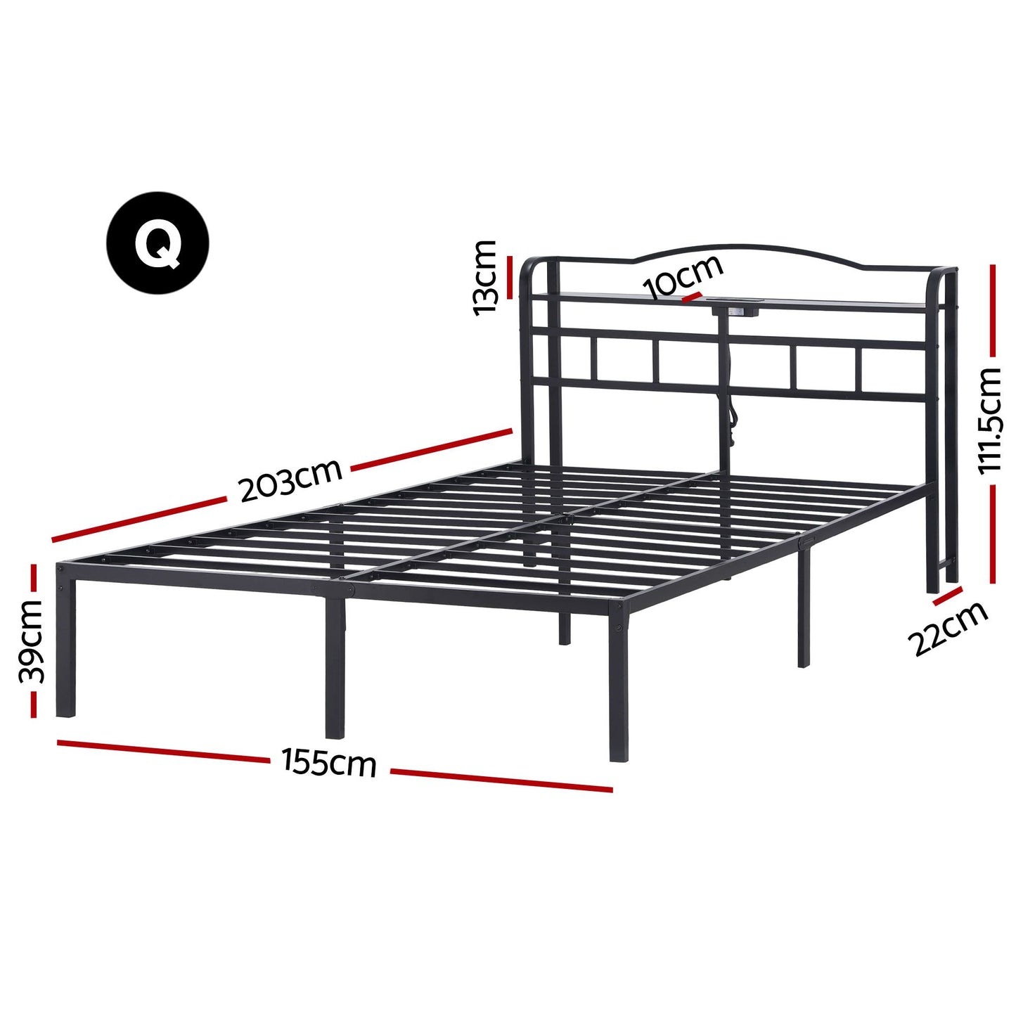 Restelle Bed Frame with Charging Station - Black Queen