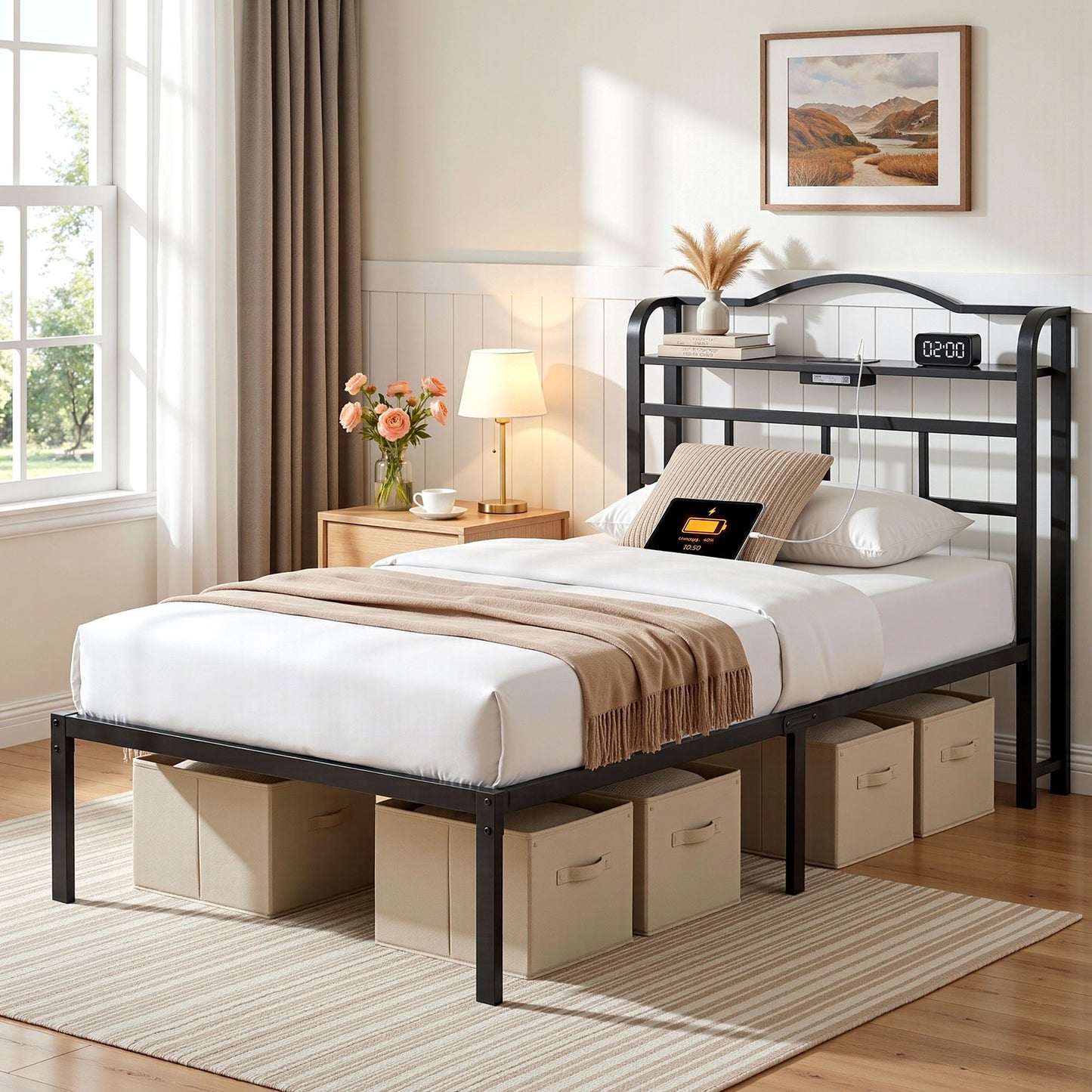 Restelle Bed Frame with Charging Station - Black Single
