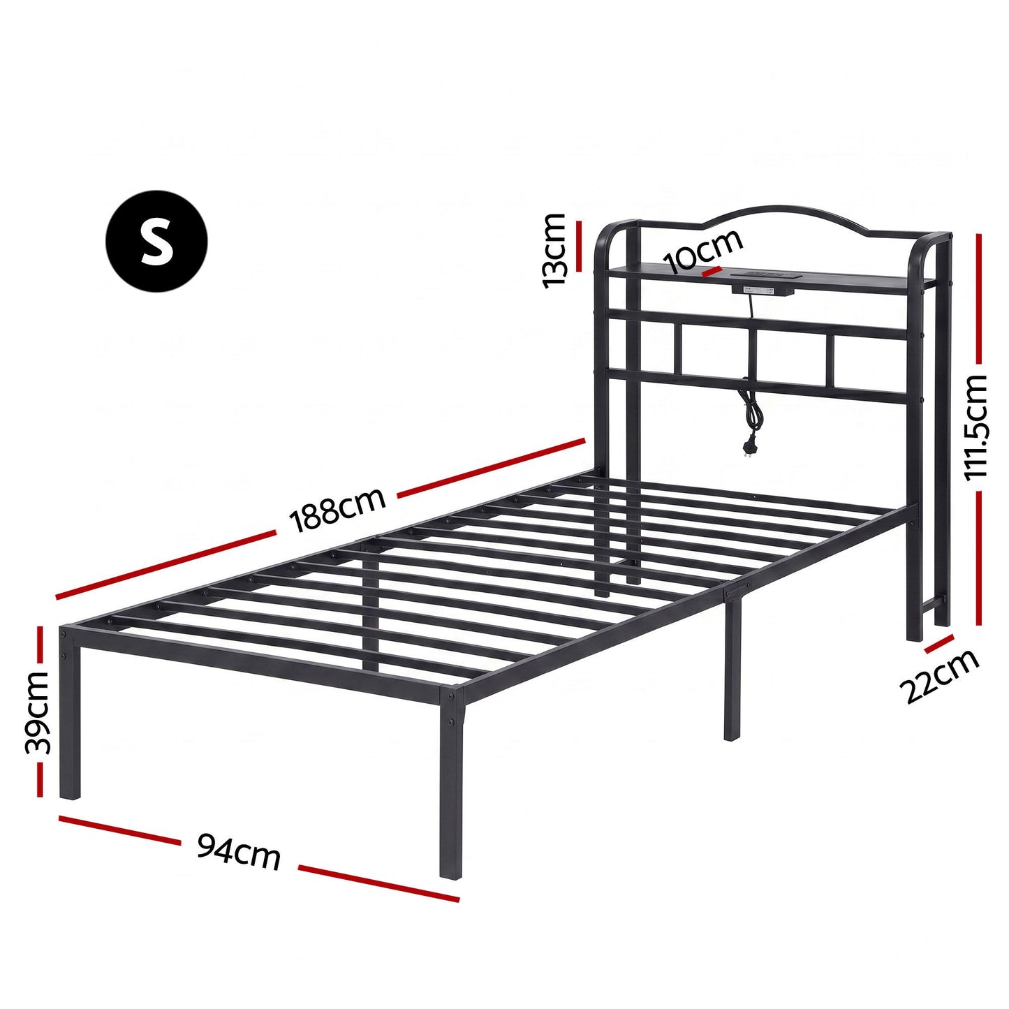 Restelle Bed Frame with Charging Station - Black Single