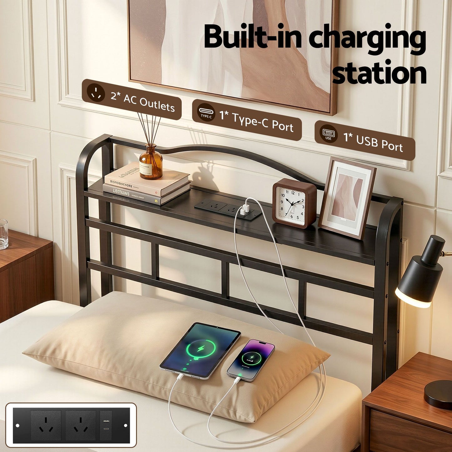 Restelle Bed Frame with Charging Station - Black Single