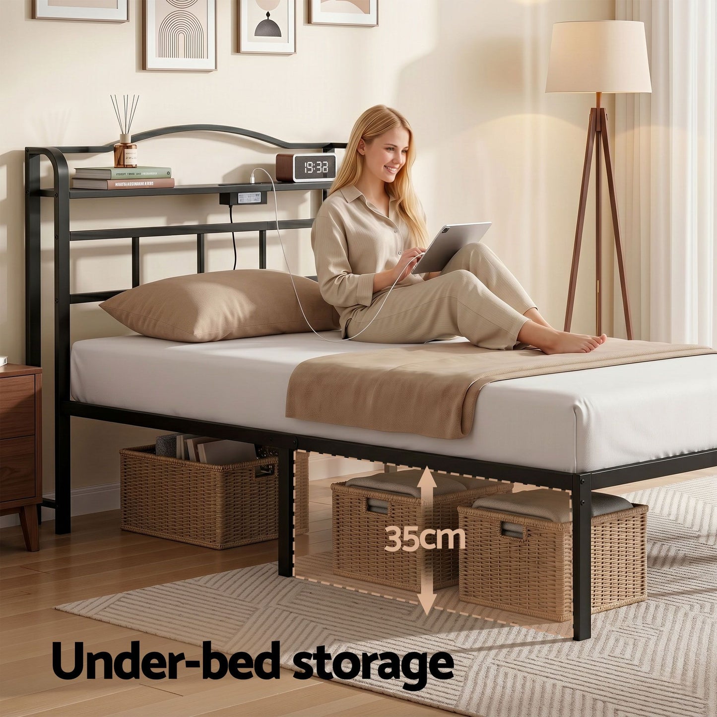 Restelle Bed Frame with Charging Station - Black Single