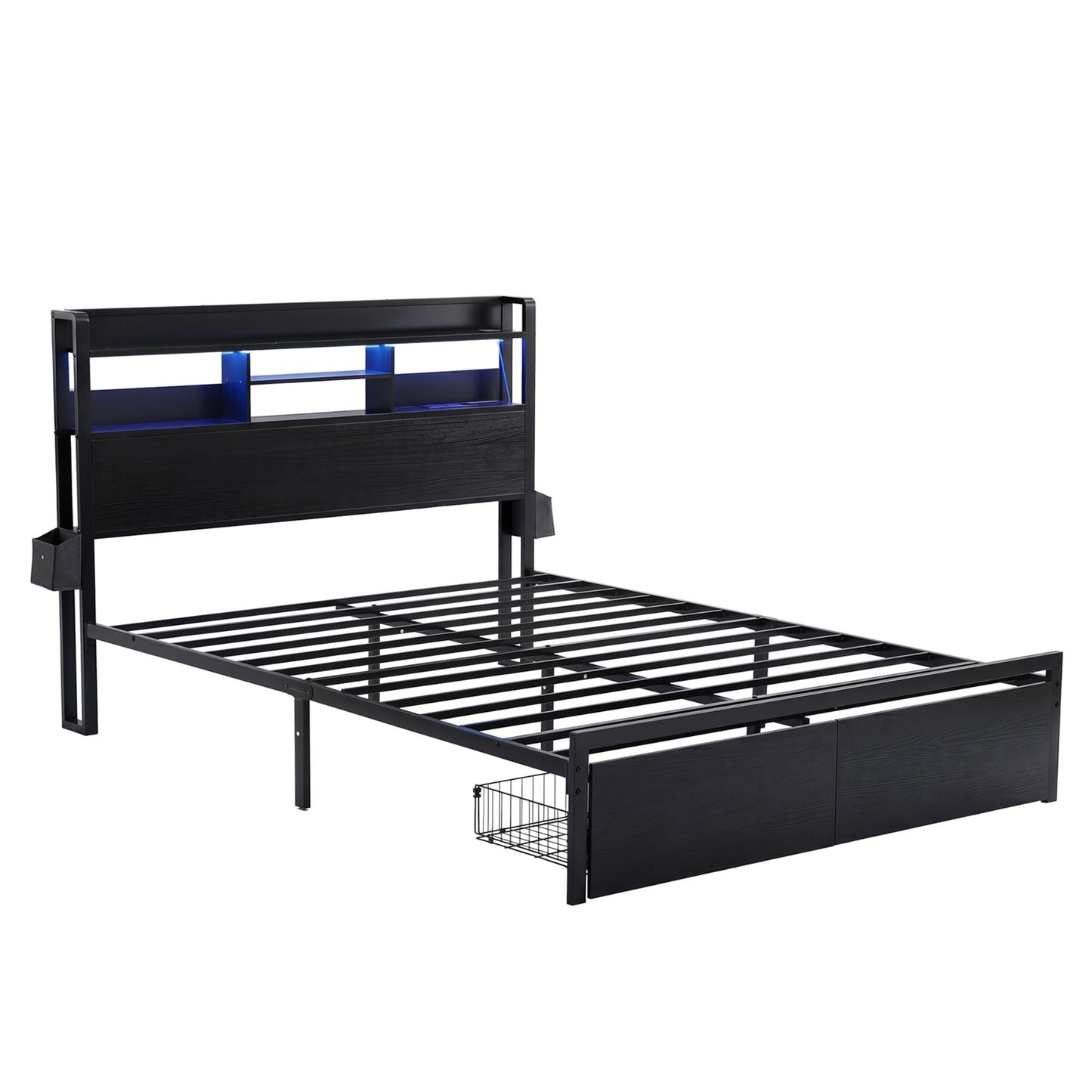 Vale Bed Frame with Charging Station Storage Organizer Drawers LED - Black Double