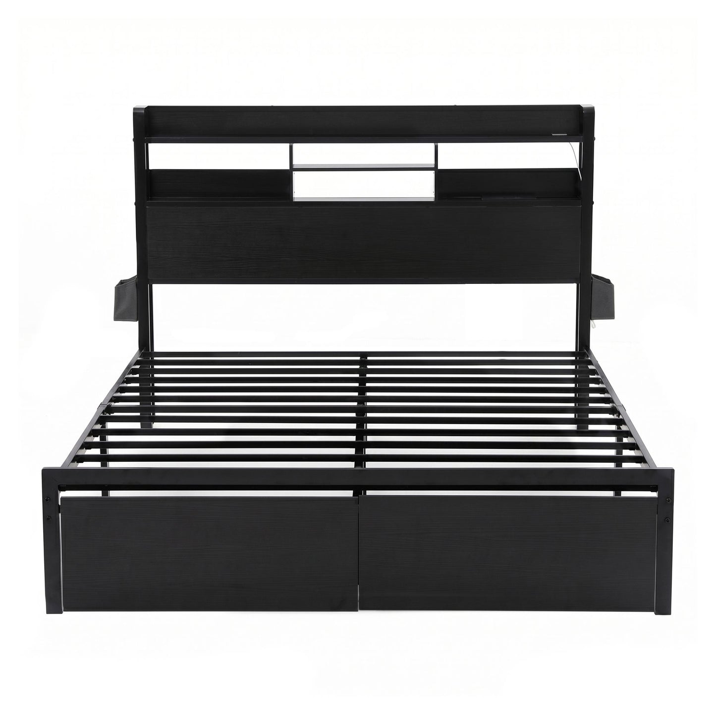 Vale Bed Frame with Charging Station Storage Organizer Drawers LED - Black Double