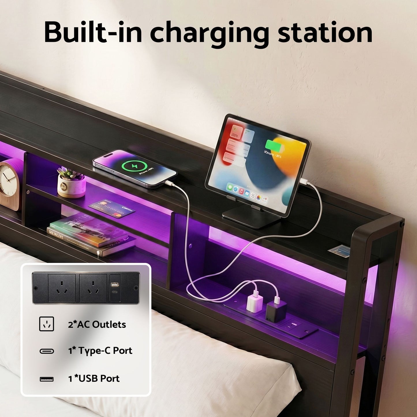 Vale Bed Frame with Charging Station Storage Organizer Drawers LED - Black Double