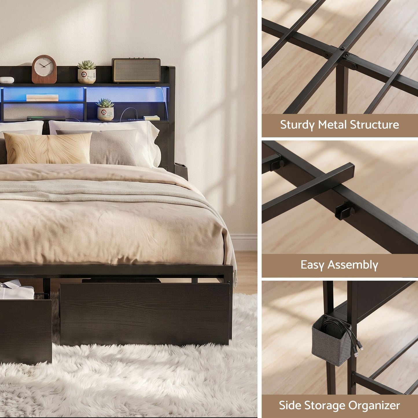 Vale Bed Frame with Charging Station Storage Organizer Drawers LED - Black Double