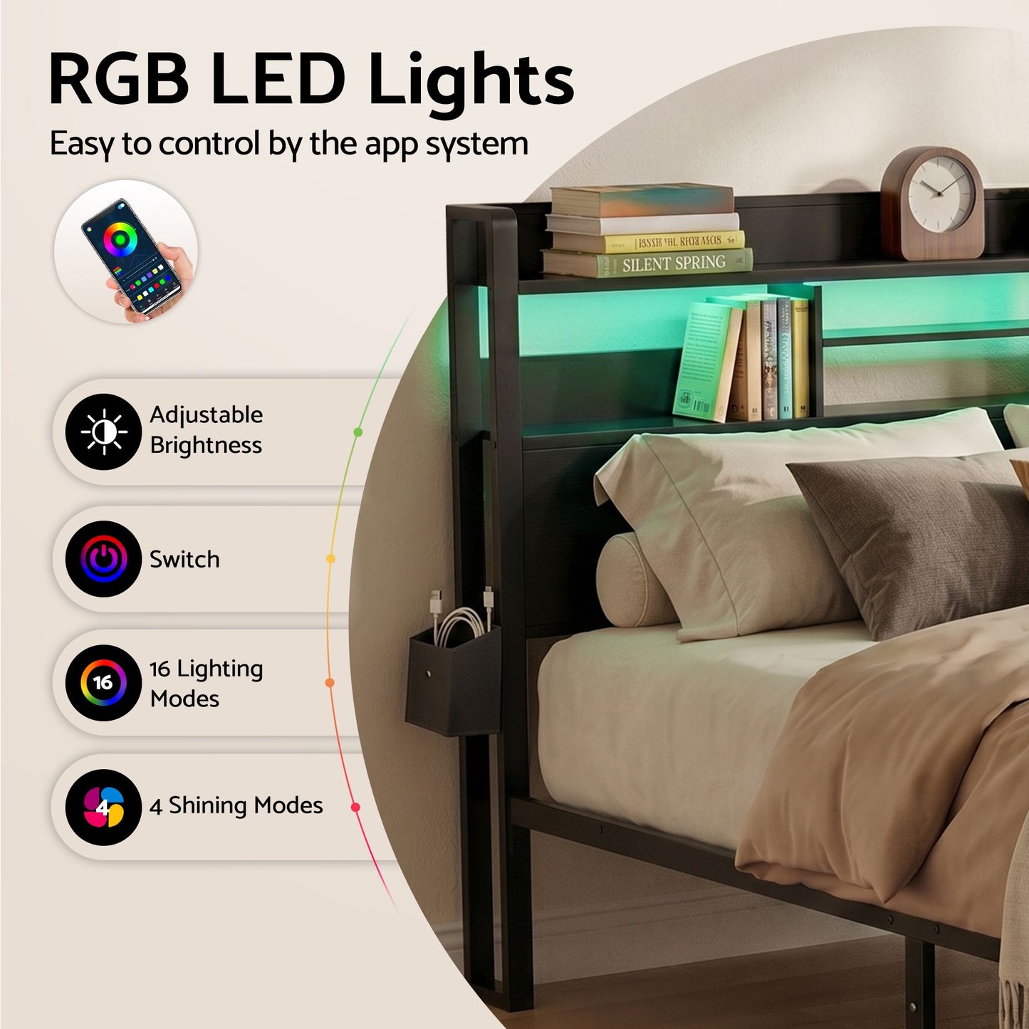 Vale Bed Frame with Charging Station Storage Organizer Drawers LED - Black King