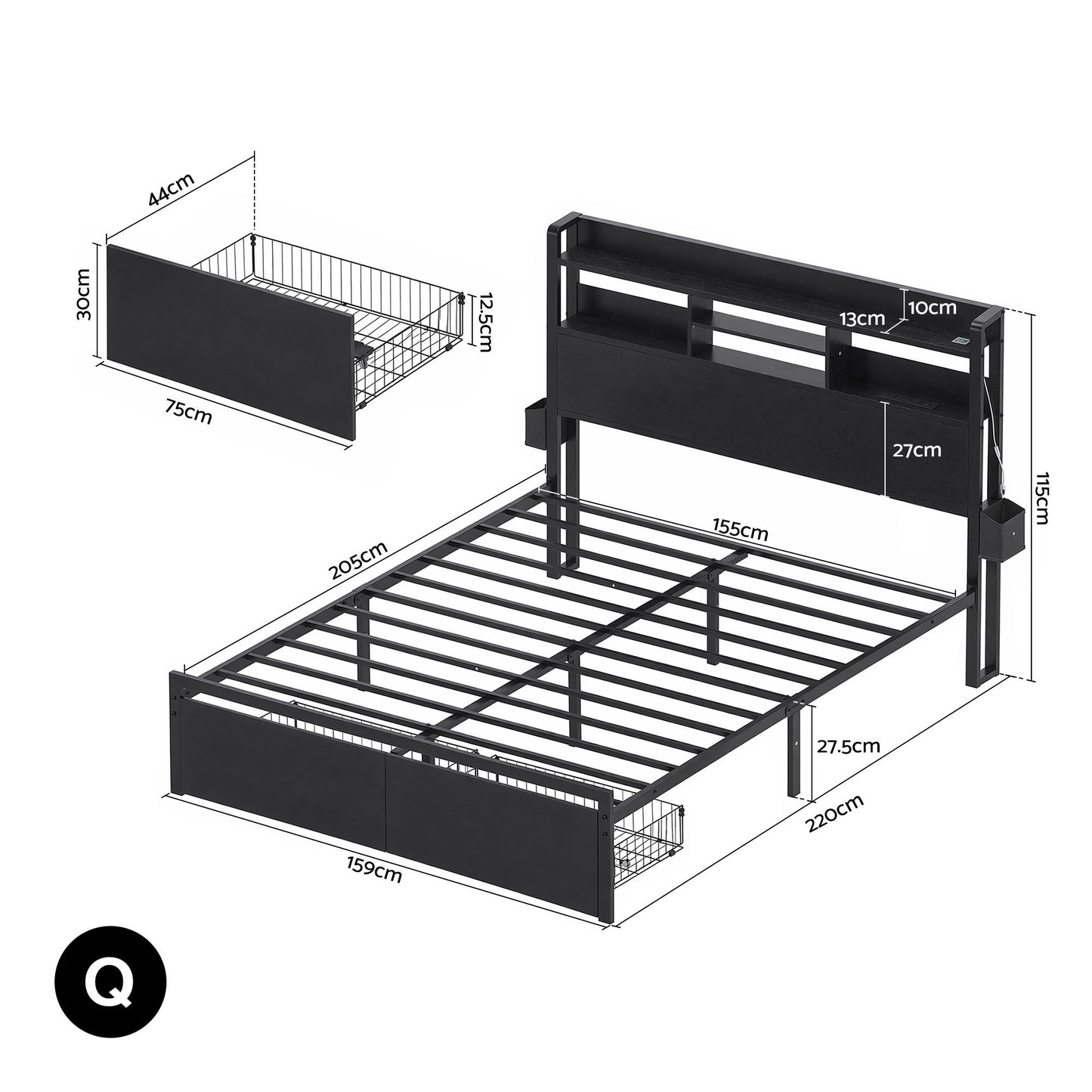 Vale Bed Frame with Charging Station Storage Organizer Drawers LED - Black Queen