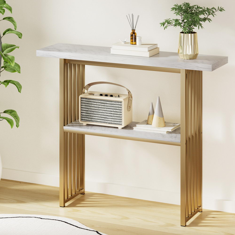 Console Table Marble Effect - White & Gold