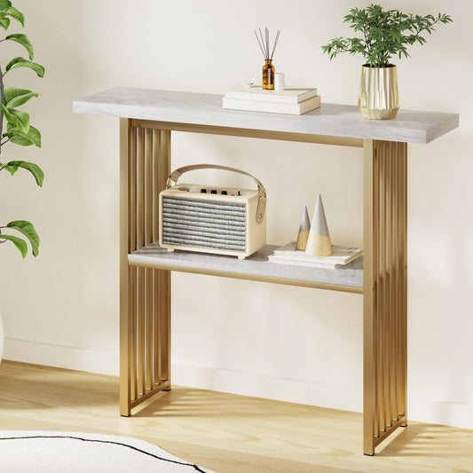 Console Table Marble Effect - White & Gold