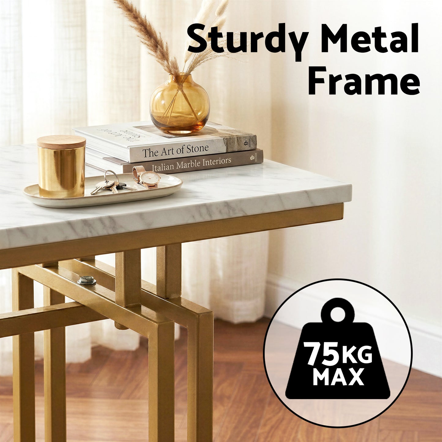Console Table Hallway Entryway Table Marble Effect 110CM - White & Gold