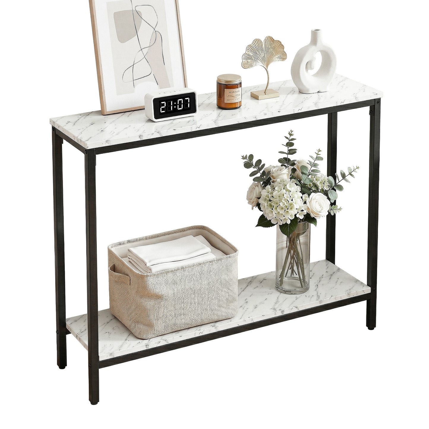 Console Table Entryway Hallway Display Desk Marble Effect - White