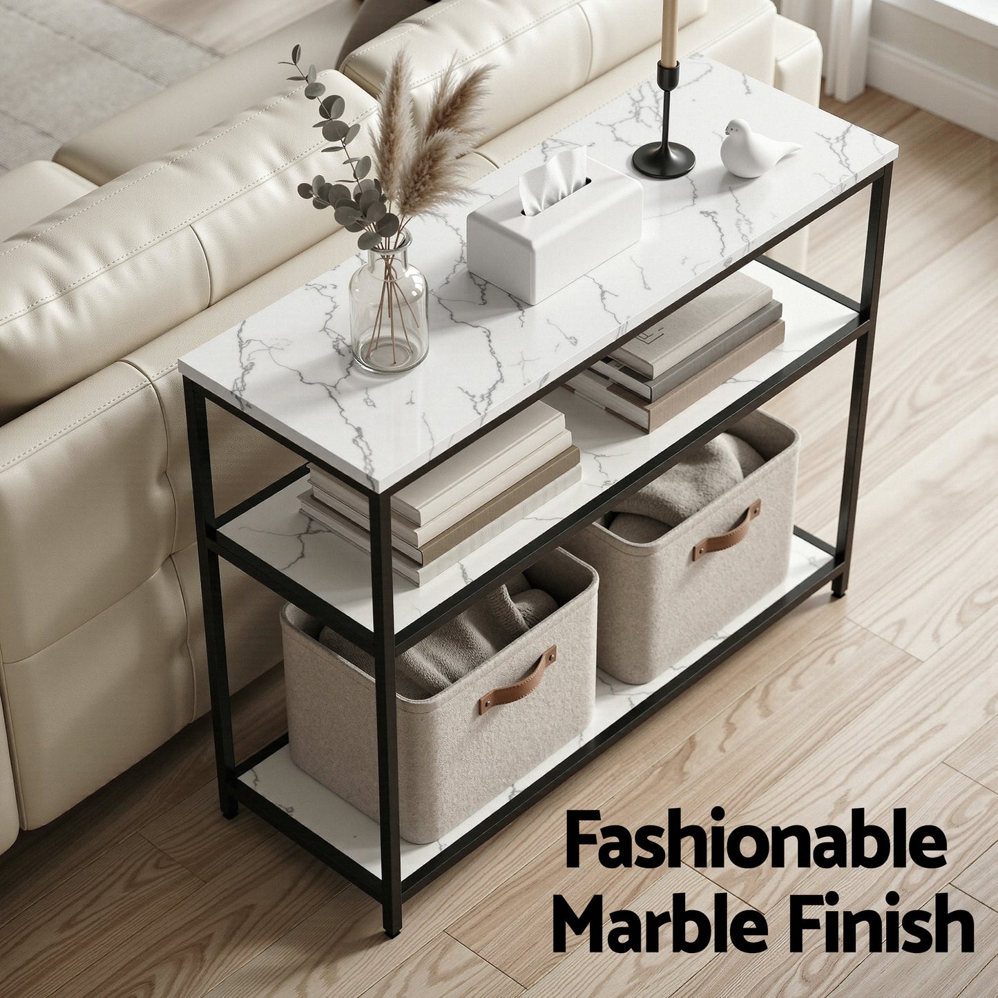 Isidoros Console Table Marble Effect 3-Tier Sofa Entryway Side Table 90CM White