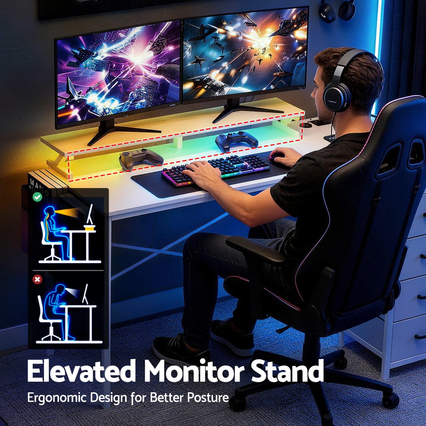 Artiss 140cm L Shaped Gaming Desk Computer Desk with LED Lights & Power Outlets