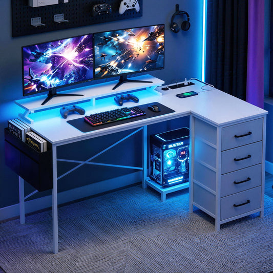 Artiss 140cm L Shaped Gaming Desk Computer Desk with LED Lights & Power Outlets