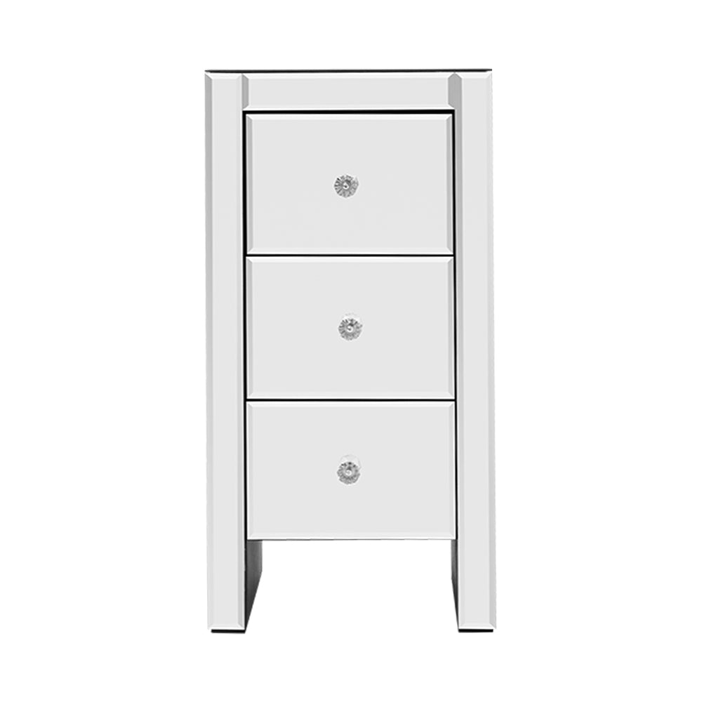 Rouyn Mirrored Bedside Tables Mirrored Furniture Mirror Glass with 3 Drawers - Silver