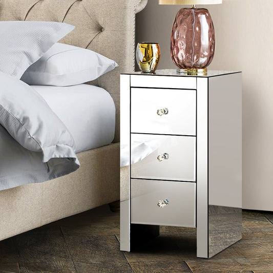 Rouyn Mirrored Bedside Tables Mirrored Furniture Mirror Glass with 3 Drawers - Silver