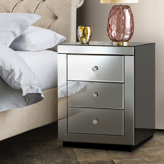 Batoche Mirrored Bedside Tables Mirrored Furniture Mirror Glass with 3 Drawers - Grey