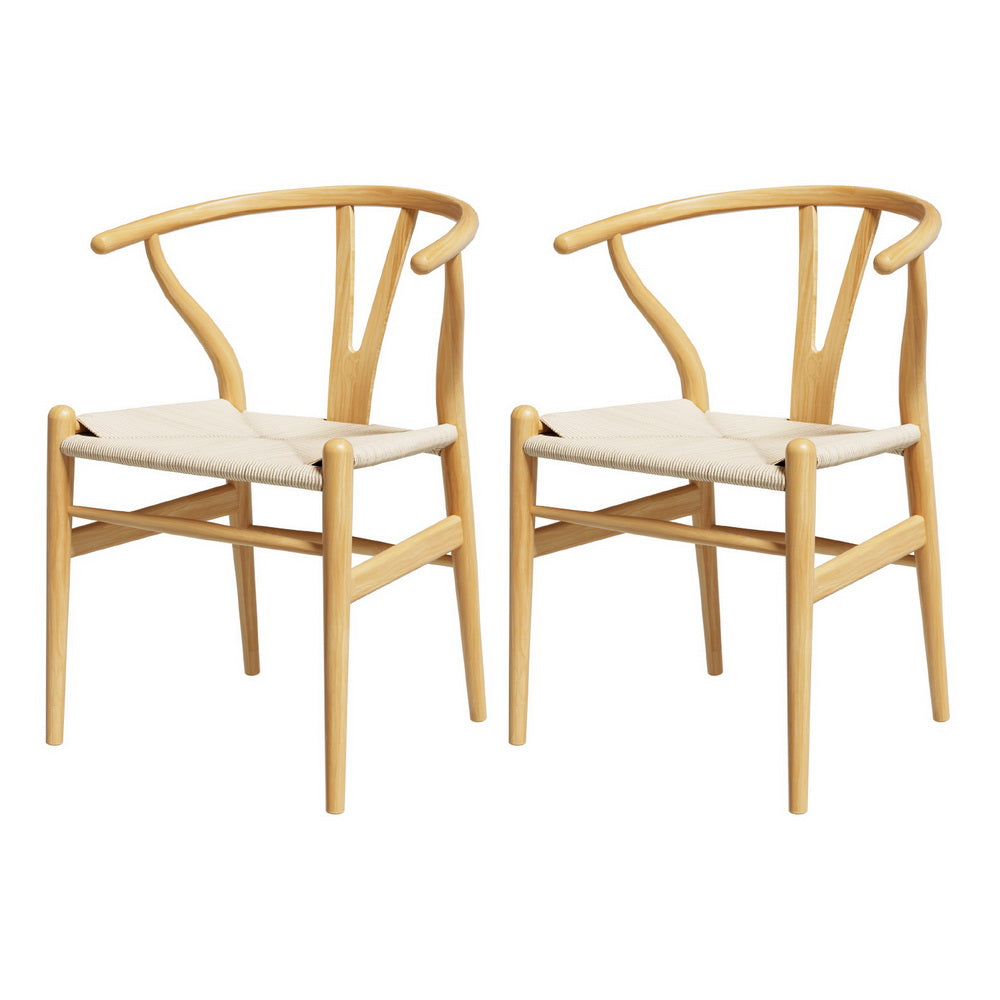 Maud Set of 2 Dining Chair Wooden Rattan Wishbone - Natural