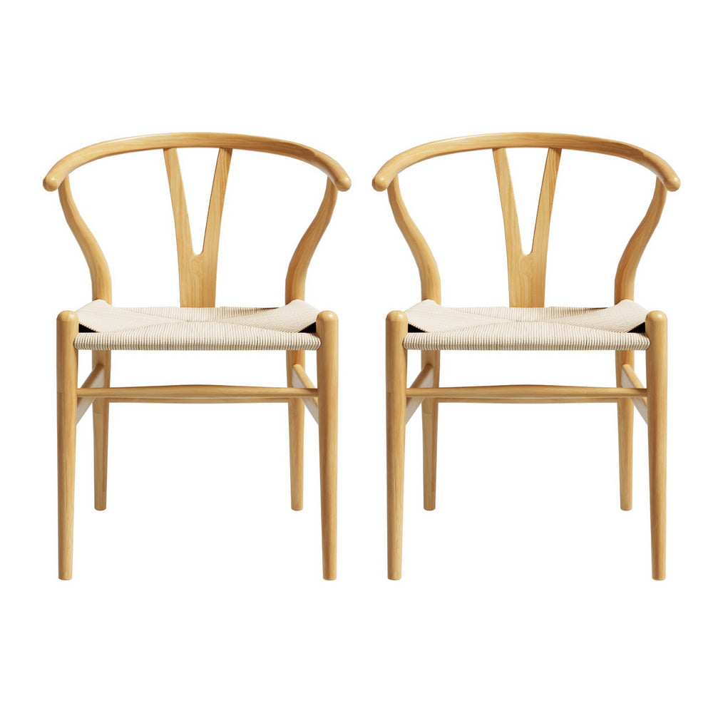 Maud Set of 2 Dining Chair Wooden Rattan Wishbone - Natural