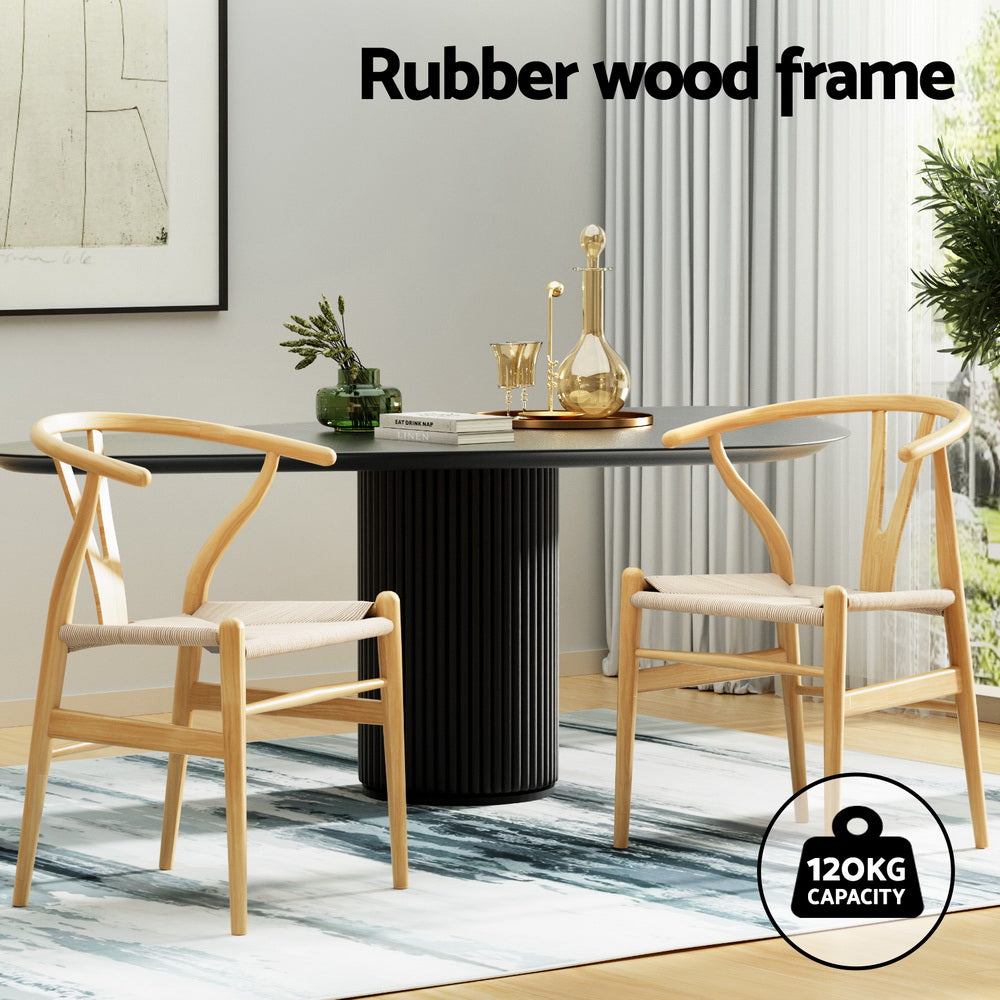 Maud Set of 2 Dining Chair Wooden Rattan Wishbone - Natural