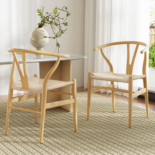 Maud Set of 2 Dining Chair Wooden Rattan Wishbone - Natural