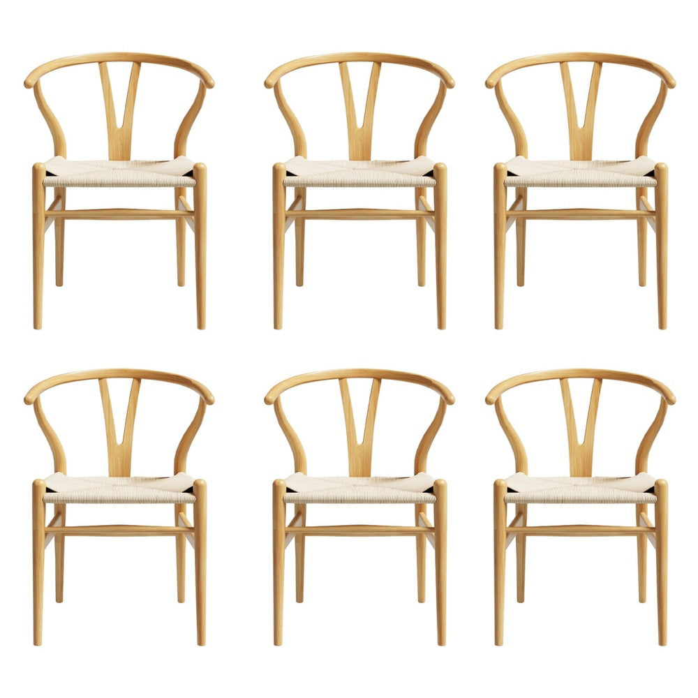 Maud Set of 6 Dining Chair Wooden Rattan Wishbone - Natural