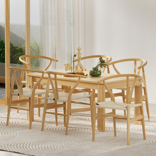 Maud Set of 6 Dining Chair Wooden Rattan Wishbone - Natural