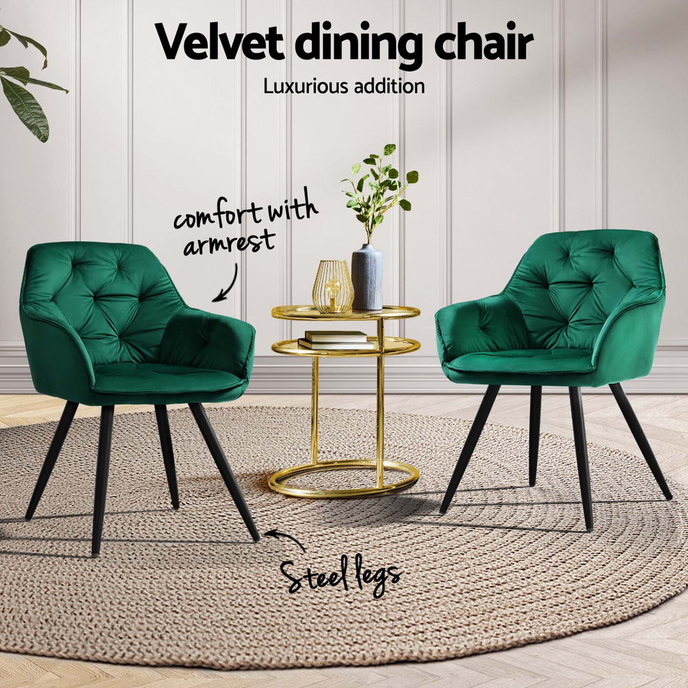 Everly Set of 4 Dining Chairs Velvet Diamond Tufted Armchair - Green