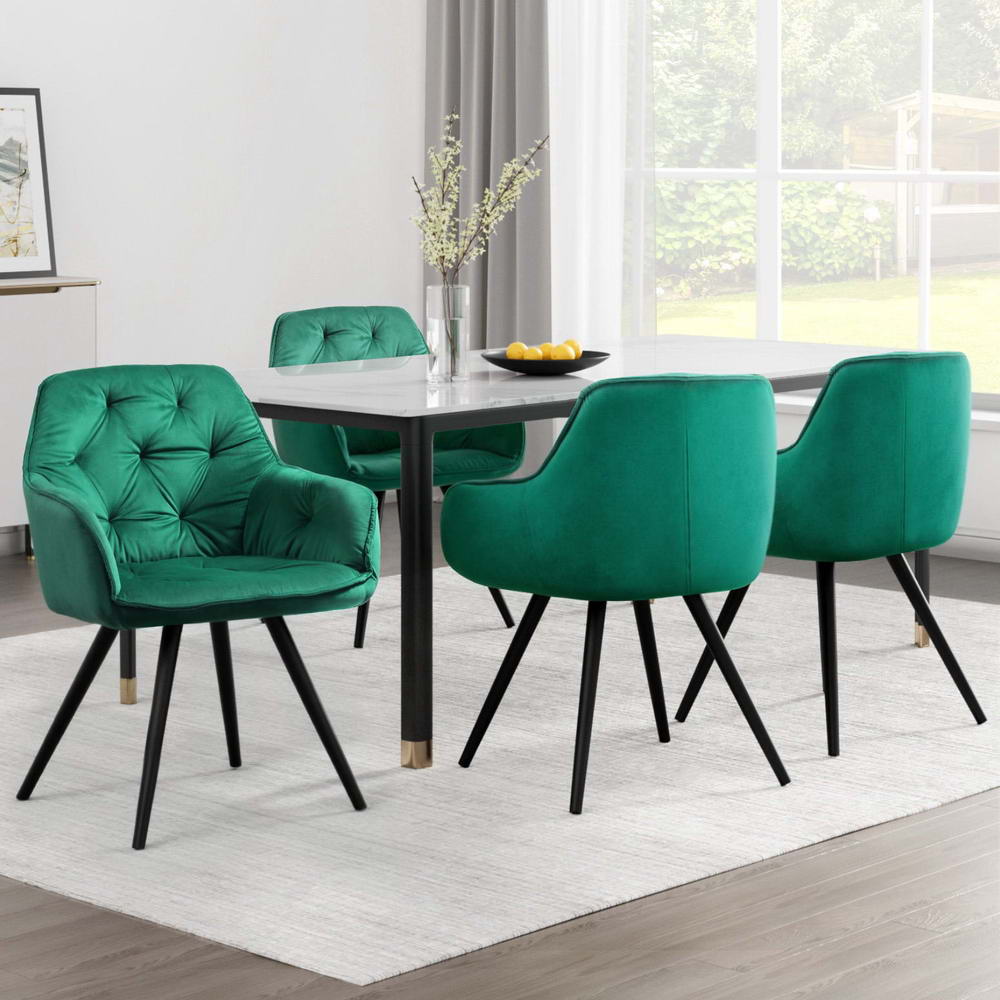 Everly Set of 4 Dining Chairs Velvet Diamond Tufted Armchair - Green